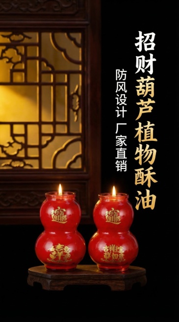 电商详情页头图，产品是红色葫芦造型玻璃罐装植物酥油蜡烛，瓶身带有招财进宝吉祥如意金色烫金，产品保持原图样式不变，纯黑色背景，古朴国风氛围，画面左侧放置产品，右侧搭配文字，背景搭配中式镂空木窗和光影效果预览效果