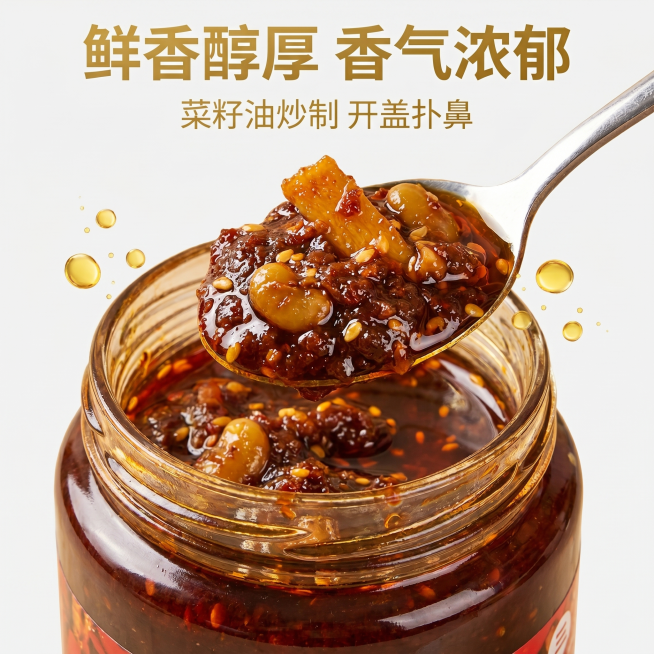 [主图-3] 麻辣酱浓郁香气细节展示
[氛围风格] 浓稠醇厚质感 复合香气层次突出
[画质] 商业摄影质感、光线柔和通透、产品清晰真实、画面干净高级
[元素] 打开瓶盖的三五麻辣酱，用勺子舀出一勺酱料预览效果