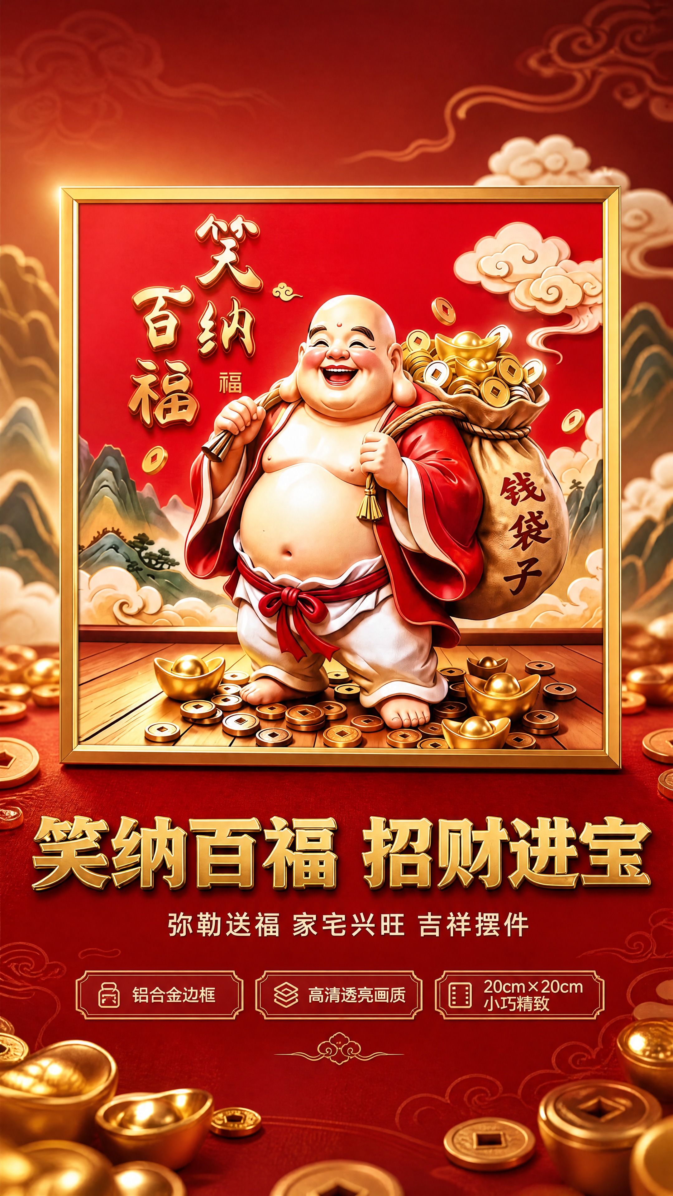 [商品] 使用【图1】笑纳百福弥勒佛装饰画；保留金色铝合金细边… - 图片创意预览