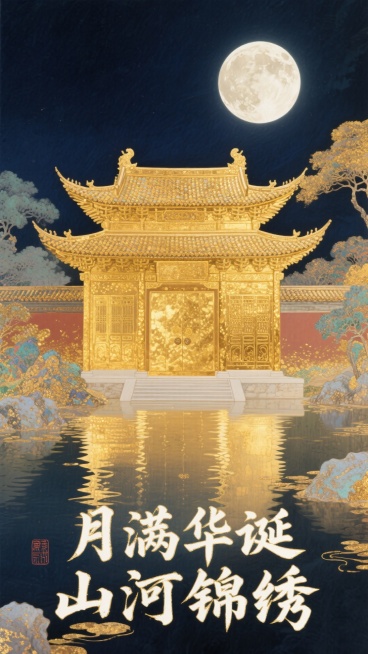在静谧的中式园林场景中，一轮皎洁的明月高悬夜空，洒下银白的光辉。一座传统中国宫殿大门矗立眼前，整体呈现金色，拥有多层结构与弯曲的飞檐，飞檐上的瓦片纹理清晰，边缘微微上翘，尽显古韵。大门表面覆盖着闪闪发预览效果