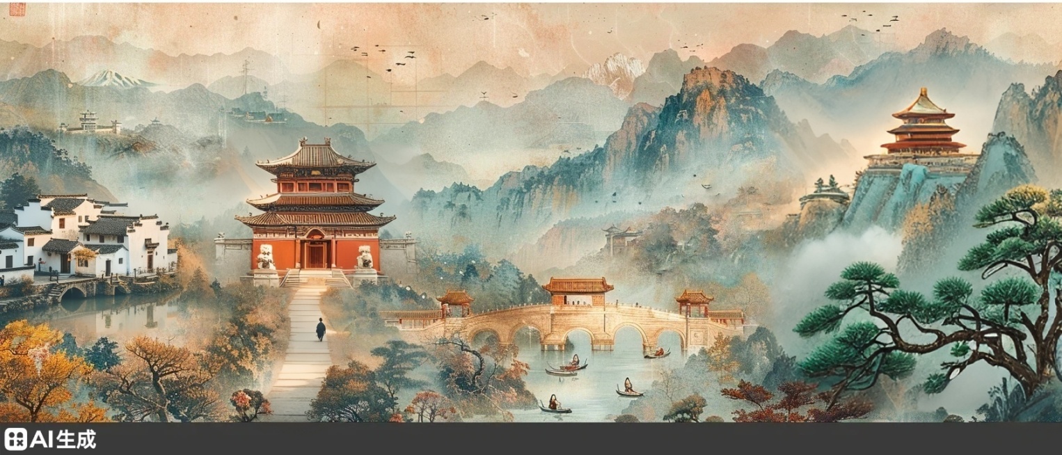 画面右侧高山，故宫纵向布局：山顶太和殿重檐金瓦三层台基，山腰中和殿四角攒尖、保和殿重檐歇山顶逐级下降隐于松，山脚午门五凤楼；中轴线丹陛石阶贯穿，红墙黄瓦嵌于山林，山顶雾掩、山腰云缠、山脚清晰，与青绿山预览效果
