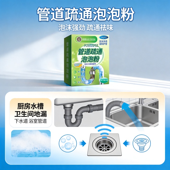 设计类型：电商主图・爆款卖点型
设计风格：简约清爽、强效清洁、家居实用
主体：管道疏通泡泡粉产品、管道、水槽、地漏示意
装饰元素：泡沫气泡、清洁波纹、疏通箭头、洁净图标
色调：蓝白为主、干净明亮、专业预览效果
