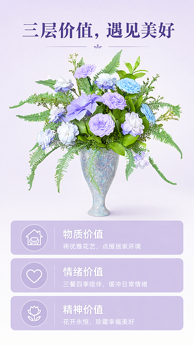 [第3屏] 商品价值分层展示，展示居家永生花-紫霞三层价值。[氛围/风格] 感性氛围感，浅紫渐变，温馨治愈，高级柔和。[元素布局] 产品主体放在画面中上部，占据画面50%区域，使用图1，保持原有产品颜色和结构不变。下方分三个横向卡片，分别展示三层价值，卡片圆角浅紫底，白色文字，从上到下依次排列，每个卡片高度均匀。[光影质感] 整体柔和漫射光，产品突出，卡片文字清晰，光影过渡自然。[配色色系] 全局背景从上到下浅紫到白渐变 #f0ebf8 到 #ffffff；卡片浅紫 #e8e2f3，文字白色；标题深紫。[视角构图] 产品在上，信息在下，纵向流畅排版，主体突出，信息清晰。[文字版式] 顶部主标题「三层价值，遇见美好」深紫加粗居中。三个卡片文案：第一层「物质价值」将优雅花艺，点缀居家环境；第二层「情绪价值」三餐四季陪伴，缓冲日常情绪；第三层「精神价值」花开永恒，珍藏幸福美好。每个卡片标题加粗，内容常规字重，左对齐。[比例分辨率] 9:16竖版，4K分辨率，文字清晰可辨。[负向提示词] 产品变形，文字模糊，颜色偏差，信息重叠，背景杂乱