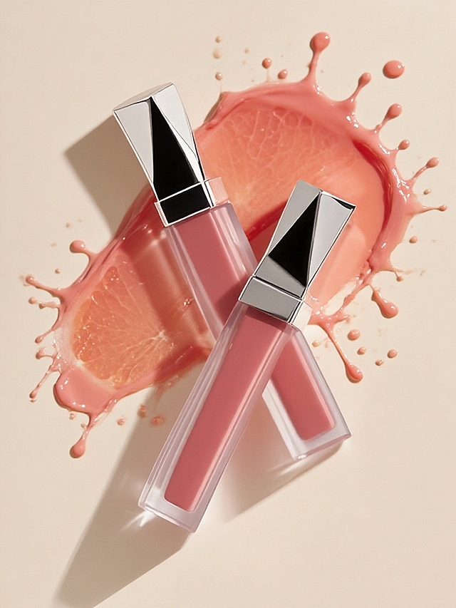 液态风唇釉，重拟物设计，光影交错中展现奢华质感，柔和清透的粉色调搭配现代感几何瓶身，尽显时尚与高级。