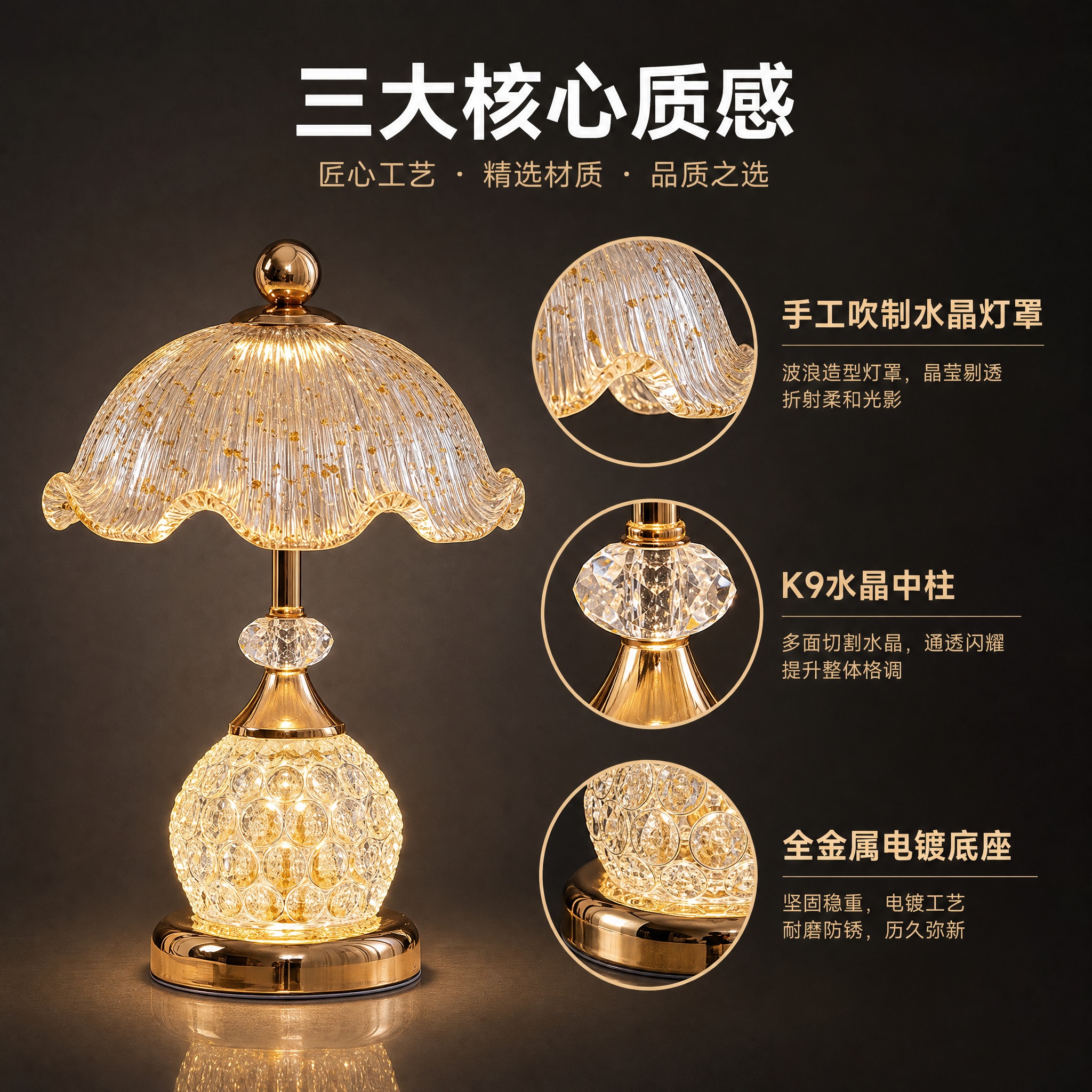 [主图-2] 轻奢水晶玻璃装饰台灯 卖点信息与材质细节展示 [… - 图片创意预览
