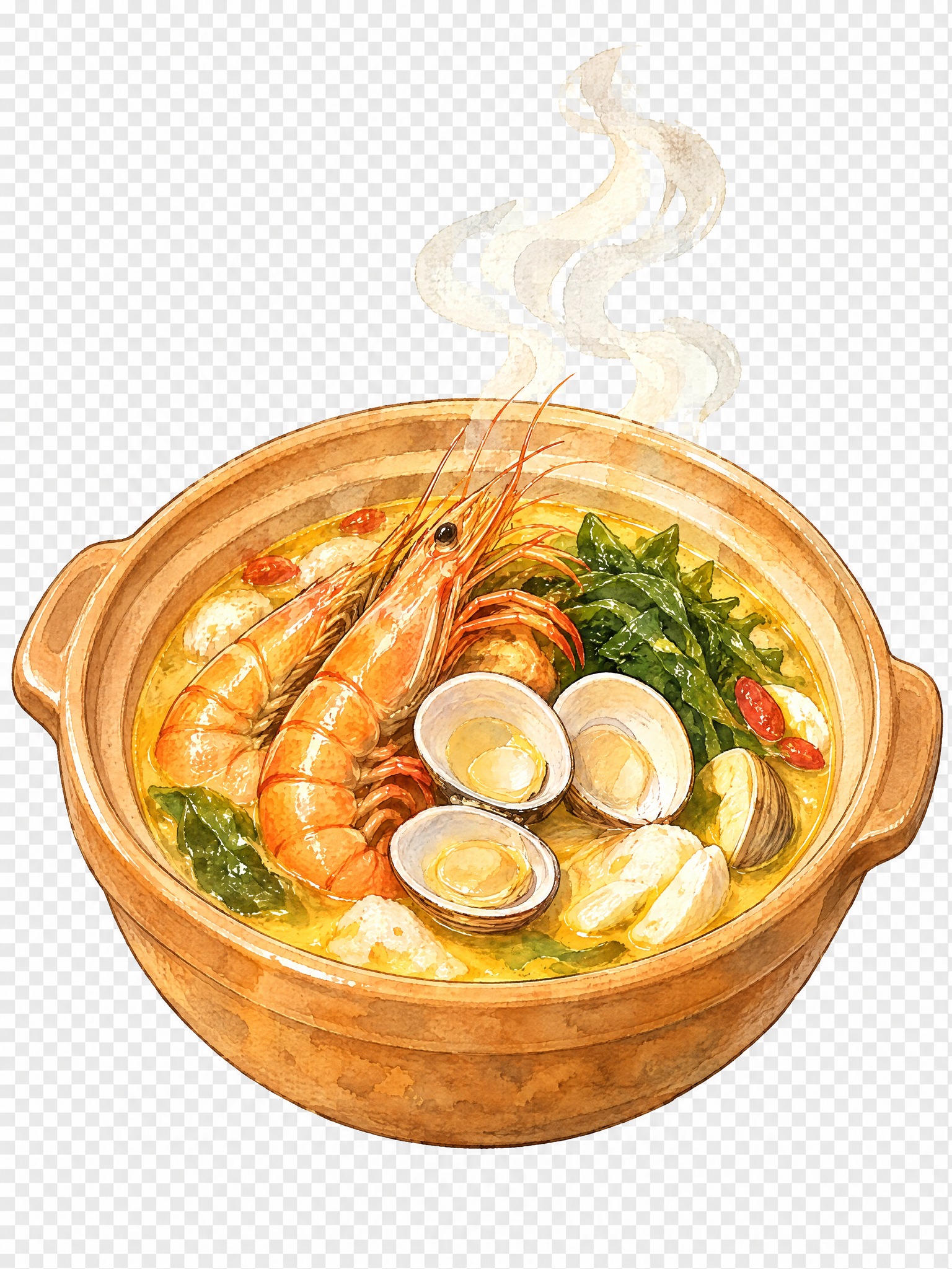 参考第一张底图的暖黄色调水彩手绘风格，将图中的海鲜砂锅菜品转换… - 图片创意预览