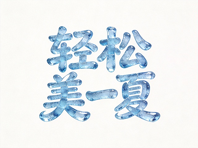 字体设计"轻松美一夏"，清爽夏日主题，完全由蓝色透明冰块拼接而成的圆润连笔艺术字，冰块通透带有清凉光泽，笔画连接处自然流畅，整体呈现清爽夏日氛围，纯白色背景。仅包含6个字："轻松美一夏"，不得增加、遗漏或替换任何一个字。文字整体必须完整呈现在画面内不可被裁切，四周留有安全边距。
