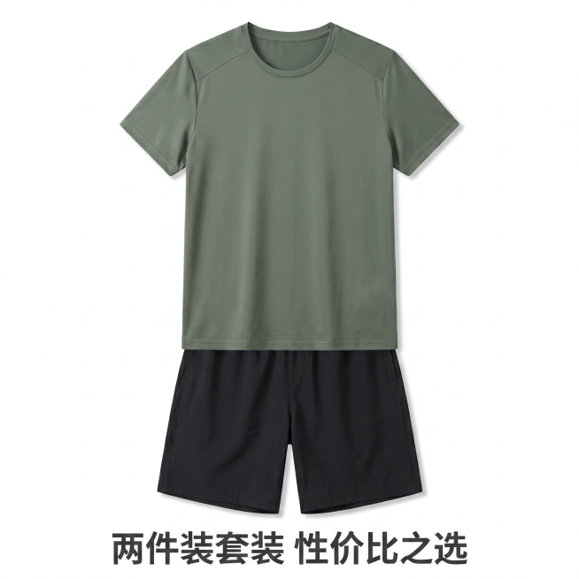 [主图 5] 冰丝短袖短裤两件套套装白底平铺展示图。[氛围风格] 干净简洁标准商品展示风格。[画质] 商业摄影质感，光线均匀通透，产品轮廓清晰真实。[元素] 军绿色冰丝短袖搭配黑色冰丝短裤平铺摆放，短预览效果