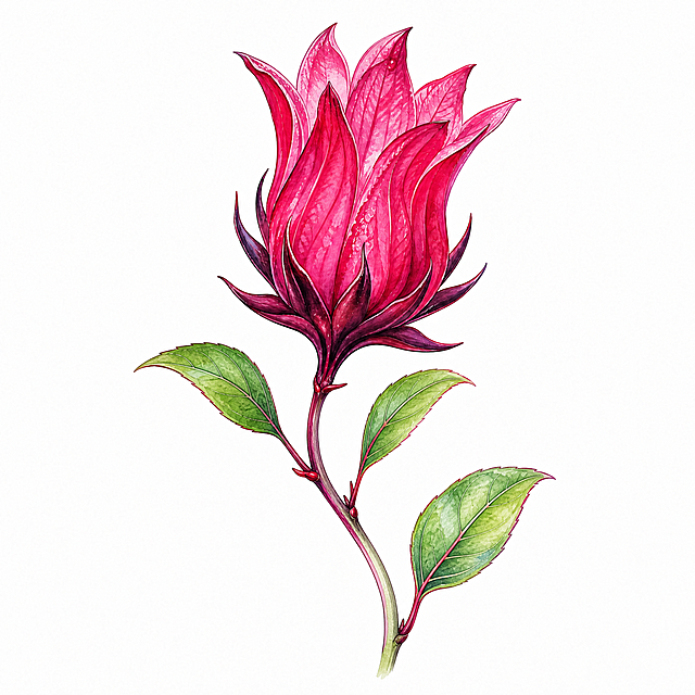 将花茎调整为自然弯曲的姿态，整体向右下方微微弯曲，保持花朵形态、水彩插画风格、玫红色花瓣和绿叶不变，白色背景，单朵洛神花插画素材