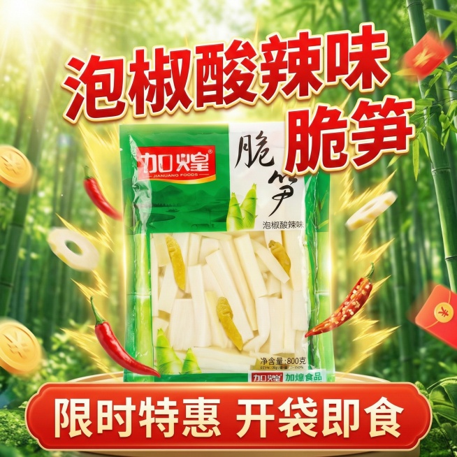 拼多多电商主图，主体为加煌泡椒脆笋产品包装，突出“泡椒酸辣味”“脆笋”卖点，底部添加“限时特惠 开袋即食”文案，背景为清新绿色竹林风格，画面醒目有吸引力，符合电商平台促销氛围预览效果