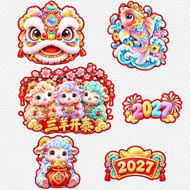 重新生成2027羊年春节贴纸套图，透明背景，包含6个独立元素：1. 醒狮头贴纸，正面朝向镜头，完整正脸，红金彩虹渐变配色，红边描边，可爱Q版大眼睛，造型饱满端正；2. 锦鲤与波浪组合贴纸，国潮可爱风，彩虹色锦鲤配水波纹浪花，造型全新；3. 三只可爱小羊组合主贴纸，上方有桃花枝装饰，下方有"三羊开泰"立体金箔字，三只羊颜色分别为奶咖色、紫粉渐变色、青柠色，身上有铜钱和长命锁装饰，红边描边，羊的姿态表情全新设计；4. 棉花糖质感"2027"艺术字贴纸，两侧有烟花装饰，字体造型圆润可爱；5. 蓝紫渐变小羊抱福袋贴纸，可爱Q版坐姿，红边描边，造型全新；6. 元宝造型"2027"牌匾贴纸，红底金边，造型与参考图不同。整体风格：3D卡通渲染，马卡龙彩虹配色，喜庆春节氛围，贴纸质感，红边描边，透明背景，元素独立分布，舞狮必须是正面正脸朝向，整体与参考图不雷同有明显差异