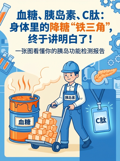 版块一：封面

· 主标题：血糖、胰岛素、C肽：身体里的降糖“铁三角”，终于讲明白了！
· 副标题：一张图看懂你的胰岛功能检测报告
· 主视觉：三个卡通角色并排——
  · 左侧：汽油桶（贴“血糖”标预览效果