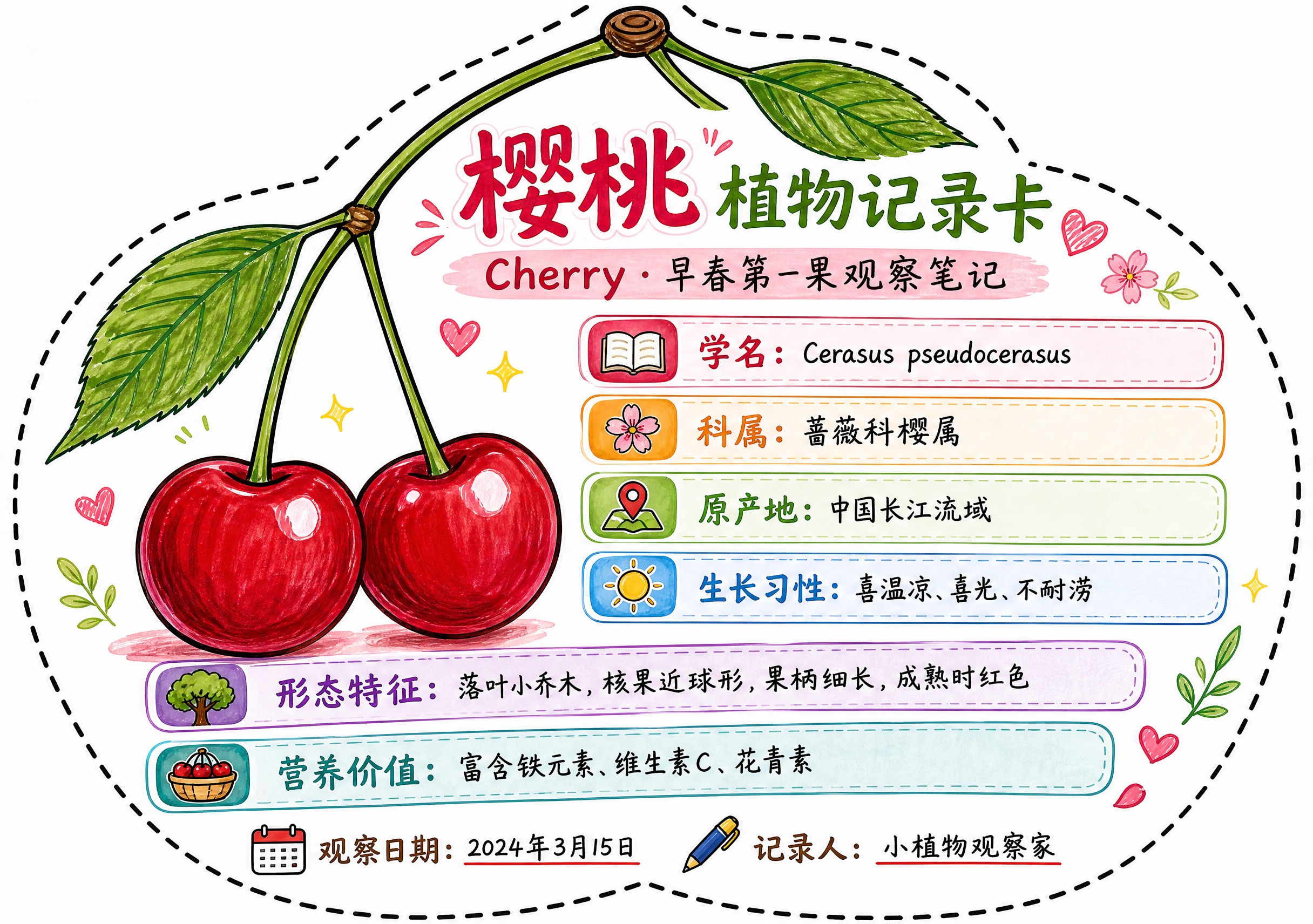 一张樱桃异形植物记录卡，整体为樱桃轮廓造型（两颗连柄樱桃造型）… - 图片创意预览