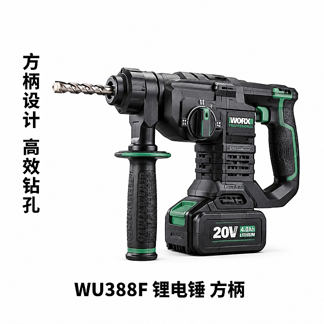 电商产品主图，纯白色背景，画面中央展示一台方柄锂电电锤，无刷锂电锤，方柄夹头设计，底部带锂电池包，金属钻头清晰，辅助握把，产品主体颜色为黑色搭配深绿色装饰件，包胶握柄纹理真实，机身有品牌标识细节，工业级质感。产品占画面比例约百分之六十，居中偏上放置，视觉冲击力强。产品正下方居中位置放置产品名称文字，内容为"WU388F 锂电锤 方柄"，黑色粗体无衬线字体，字号适中清晰可读，字母和数字准确无误。产品左侧竖向排列八个汉字的卖点文案，内容为"方柄设计 高效钻孔"，黑色字体，竖排排版，与产品保持适当距离不遮挡主体，文字清晰可读无错乱。商业摄影质感，影棚打光，光线均匀明亮，边缘高光清晰，产品立体感强，画面干净高级，无多余装饰元素。正方形一比一构图。