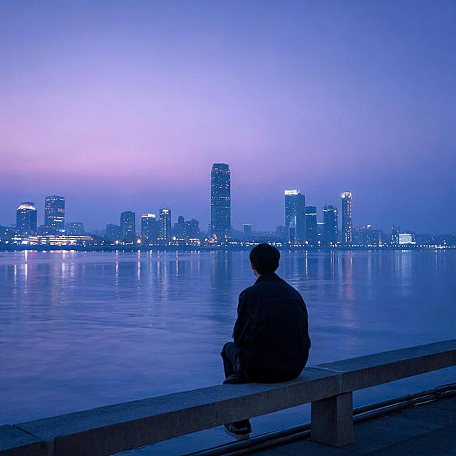 写实城市夜景摄影，傍晚暮色时分。一个身着深色外套的年轻男生背对镜头，独自坐在临江的水泥护栏台面上，双腿自然垂下，安静望向远方。面前是宽阔平静的江面，对岸是灯火璀璨的城市天际线，高楼大厦错落林立，各色灯光星星点点倒映在水面上。天空从上方的深紫灰色向下渐变至靠近地平线的粉紫色暮色，整体色调偏冷蓝紫调，氛围孤独文艺、安静治愈，电影感光影，景深效果，画面干净，无任何文字。