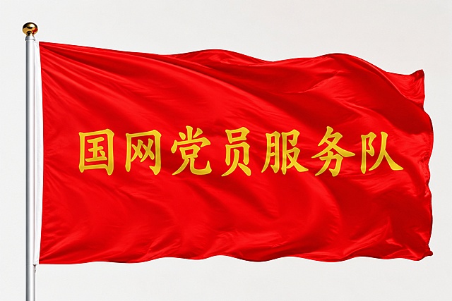 一面红色服务队旗帜，红色旗面，旗面上有金黄色的"国网党员服务队"字样，旗帜布料质感，自然飘扬状态，庄严肃穆，高清细节，正面视角展示，背景简洁