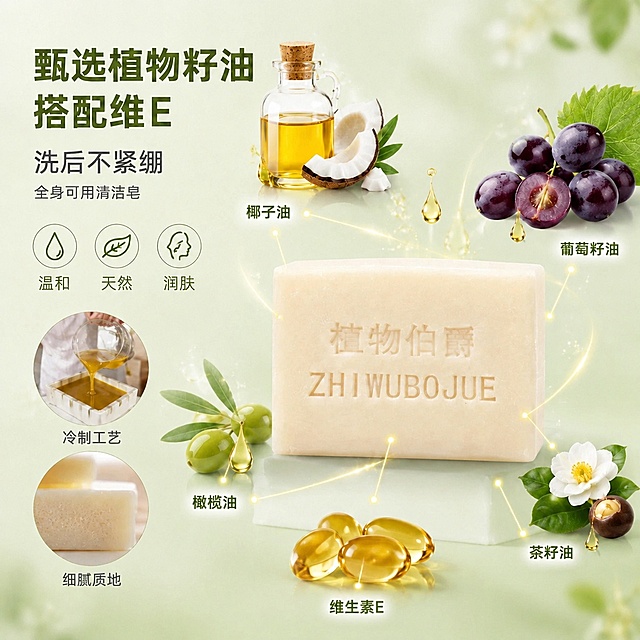 将背景替换为浅薄荷绿渐变柔焦风格，与保湿霜系列底色保持一致。保留原图所有文字内容、文字位置、字体样式、产品外观（米白色精油皂）、产品位置、周围植物成分（椰子油、葡萄籽油、橄榄油、茶籽油、维生素E胶囊）、金色连接线和光点、左侧三个圆形图标（温和、天然、润肤）及两个圆形小图（冷制工艺、细腻质地），整体构图和元素布局完全不变，只统一背景底色风格。背景为清新柔和的浅绿色渐变，带有朦胧柔焦质感。
