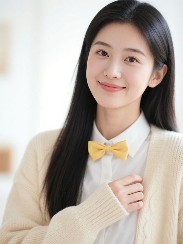 一位年轻亚洲女性的上半身特写，她有着自然的黑色长直发，前发整齐垂落于额头，发丝柔顺有光泽。她穿着一件浅米色的针织开衫，内搭白色衬衫，领口处系着一个小巧的黄色蝴蝶结。她的表情温柔自然，嘴角微微上扬，眼神清澈明亮，带着一丝腼腆的微笑。她的右手轻轻搭在胸前，姿态优雅大方。背景是一片明亮的室内环境，光线柔和，色调温暖，给人一种舒适惬意的感觉。整体画面风格清新自然，色彩明亮柔和，光影效果细腻，具有高度的写实感和细腻的质感表现。