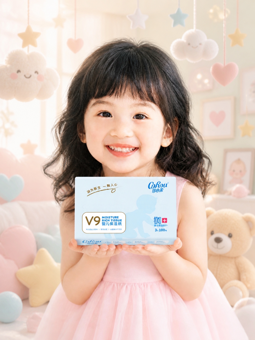 保持图中的小女孩和可心柔V9婴儿保湿纸产品完全不变，为图片添加… - 图片创意预览