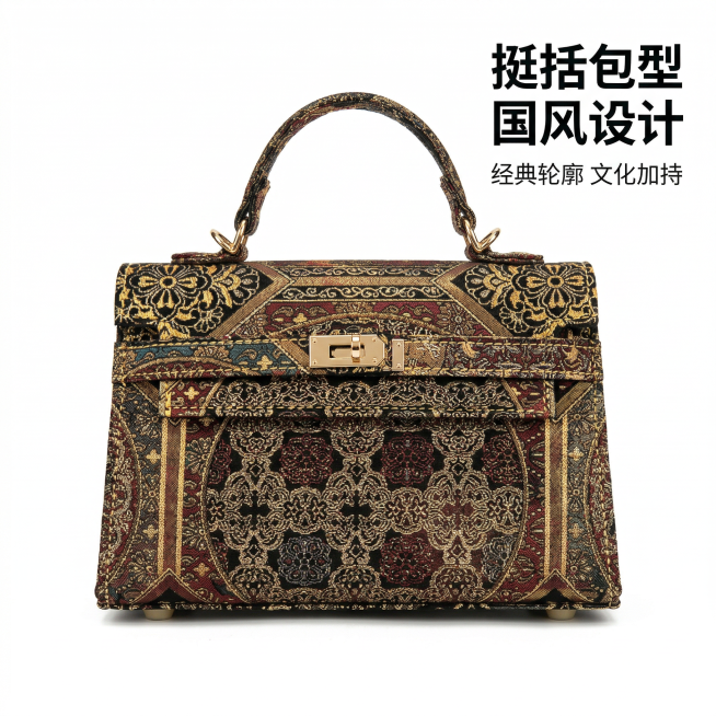 严格还原上传的产品图，包括新中式国风织锦手提包的所有细节，尺寸比例保持1:1。商业级电商主图，8K超高清分辨率，专业影棚柔光打光，纯白色背景(Hex #FFFFFF)，无任何阴影，极致锐利。主体为手提预览效果