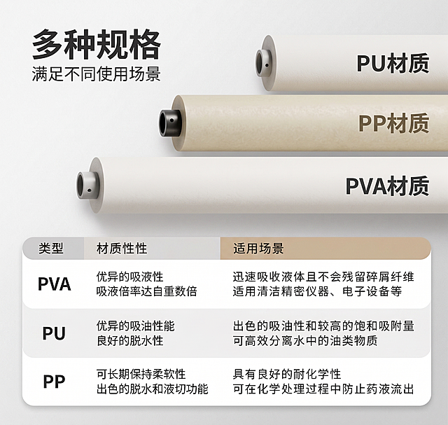 参考原图内容，重新设计一款高级风格的淘宝详情图，保留三种材质辊轴（PU、PP、PVA）和参数表格信息不变，产品样式和文字内容完全保留。重新设计排版配色，采用简约高级的商务风格，优化构图和色彩对比，提升整体质感，让信息层级更清晰，符合高端电商设计风格