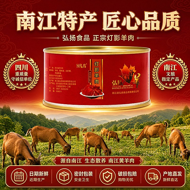 [主图-5] 品牌信任与服务承诺：展示品牌荣誉、产地背书与服务保障，促进下单转化。
[统一基调] 淘宝/天猫食品主图风格，专业品质感，暖色调食欲风；背景主色为深红渐变+金色点缀；标题字色为米白+金黄描边；辅助字色为浅金；强调色为中国红；字体为粗黑体主标题+细黑体辅助文；卡片用圆角半透明深红底；整体有品质感与信任感。
[画面] 画面中央偏上位置摆放一罐完整的弘扬牌灯影羊肉罐头（保持原图红色罐身外观，正面完整展示），罐头下方有金色光晕衬托，显得高端有品质。罐头左右两侧用徽章式圆形图标展示品牌荣誉：左侧徽章「四川重质量守诚信单位」，右侧徽章「南江文旅指定产品」，徽章为金色边框红色底。画面下方展示南江山地散养场景的小图：青山绿草地上一群南江黄羊在自由觅食，体现生态散养、产地直供。底部设置半透明悬浮服务条，横向排列四个服务承诺图标加文字。背景为深红色渐变，有细微的祥云纹理点缀，体现地方特产的文化底蕴。
[光影质感] 商业产品摄影质感，柔和顶光照射，罐身金属盖有高光，整体光影庄重有品质感，体现品牌信任与高端特产定位。
[配色] 主色中国红+金色+米白，背景深红渐变带纹理；文字米白配金黄描边，强调色正红。
[文字版式] 画面顶部大标题：「南江特产 匠心品质」，粗黑体，字号大，米白色带浅金描边；下方副标题：「弘扬食品 正宗灯影羊肉」，细黑体，浅金色。底部半透明悬浮条内四个服务承诺横向等距排列：「日期新鲜」「密封包装」「破损包赔」「产地直发」，每个配小图标，细黑体，米白色。文字清晰不遮挡罐头主体。
[输出要求] 1:1正方形，高清画质，产品清晰不变形，文字清晰可读；禁止出现平台Logo、水印、二维码、极限词；禁止罐身变形、荣誉徽章模糊、颜色偏差、错字。