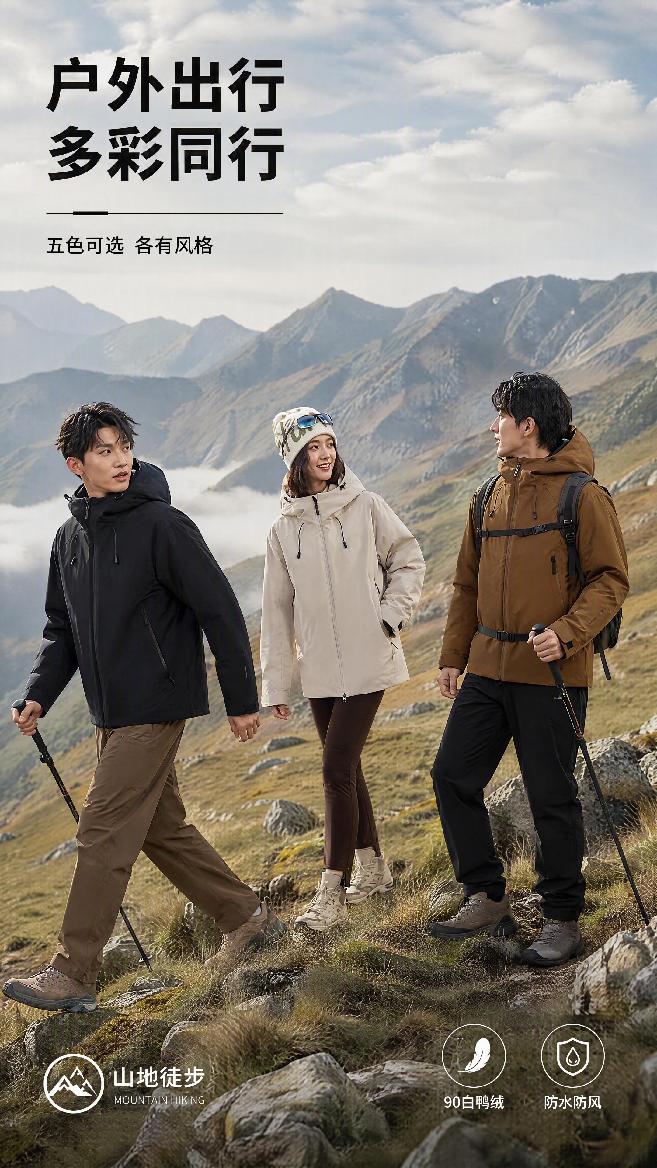 [第7张] 户外场景模特群像展示页-多色连帽冲锋羽绒服徒步场景… - 图片创意预览