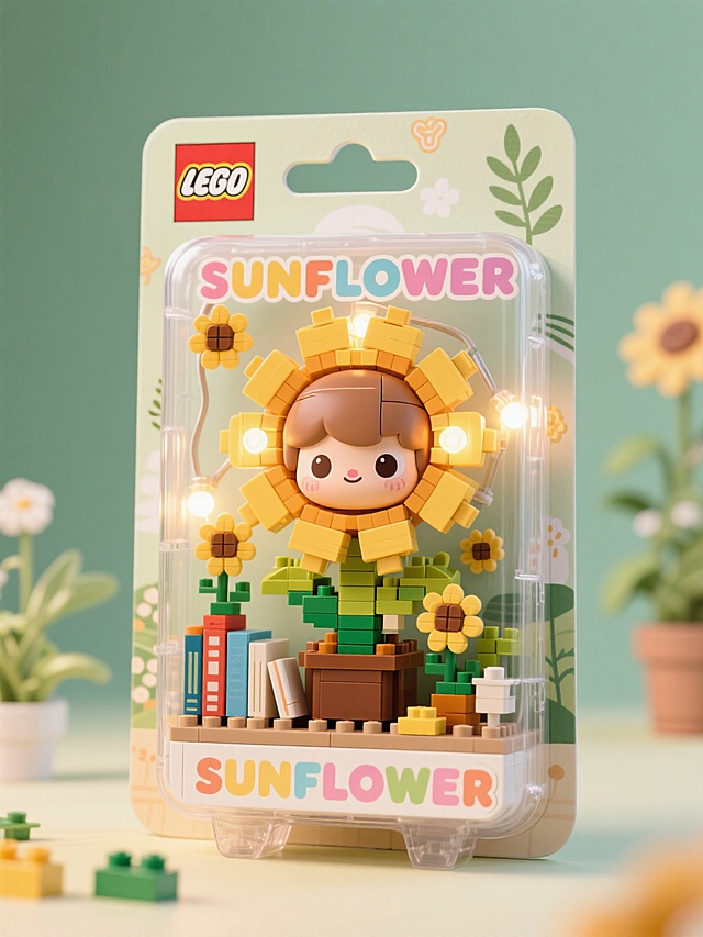 软3D风+拟人风的向日葵乐高盲盒，萌趣发光设计，融合可爱感与梦幻感，清新绿意背景烘托温馨氛围，传递童趣与自然之美。
