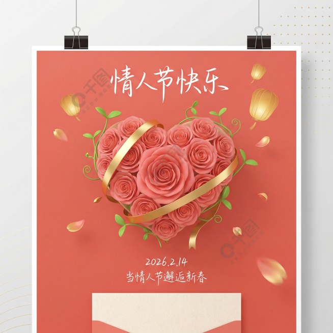 “现代简约情人节海报，视觉中心为暖粉色心形玫瑰花束，缠绕金色丝带与嫩绿新芽。背景为哑光浅朱红，漂浮抽象金色灯笼与花瓣。上方为优雅手写体‘情人节快乐’，底部标注‘2026.2.14’及‘当情人节邂逅新春预览效果
