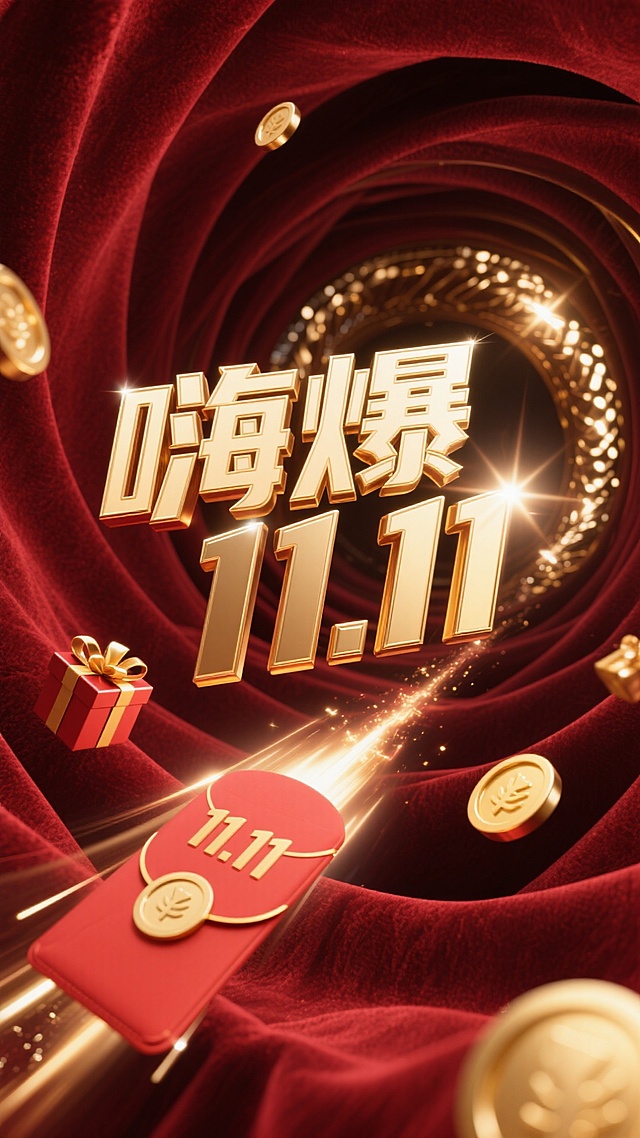 鎏金浮雕字体搭配3D重拟物风格，红金交织的丝绒漩涡营造奢华光影感，金币与礼盒点缀，强化喜庆氛围，凸显双十一节日狂欢。