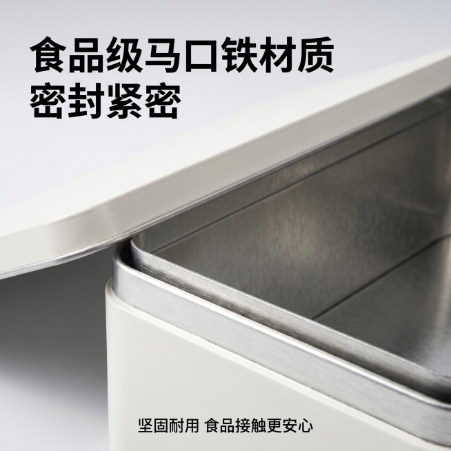 [主图 3] 长条马口铁盒材质细节展示图。
[氛围风格] 清晰写实的产品细节展示风格。
[画质] 商业摄影质感、光线柔和通透、产品清晰真实、画面干净高级。保持产品外观（物理结构、材质质感、颜色）与输入预览效果
