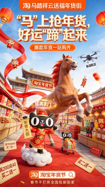 3D电影感，广角镜头，C4D风格，超大广角，超大透视，仰视角度，夸张视觉表现，场景是浓郁的新春喜庆质感。淘宝平台 "马踏祥云送福年货街"主题场景，国风年味与潮流感结合主视觉元素:一匹姿态昂扬的骏马，呈预览效果