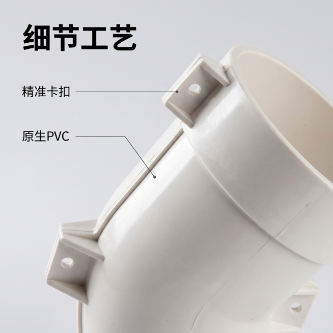 [主图 2] PVC 45°半弯头连接片核心细节展示主图；
[氛围风格] 简洁干净高级，突出产品工艺细节；
[画质] 商业摄影质感、光线柔和通透、产品清晰真实、画面干净高级；
[元素] 白色PVC 4预览效果