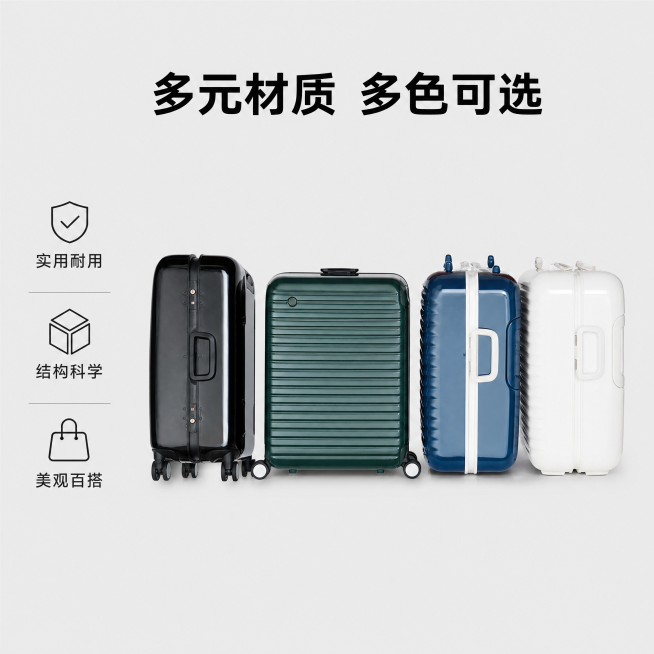 [主图-2] 行李箱卖点核心展示图
[氛围风格] 简约商务，极简干净，和首图风格统一
[画质] 商业摄影质感、光线柔和通透、产品清晰真实、画面干净高级。保持所有箱包外观物理结构、材质质感、颜色与输入产预览效果