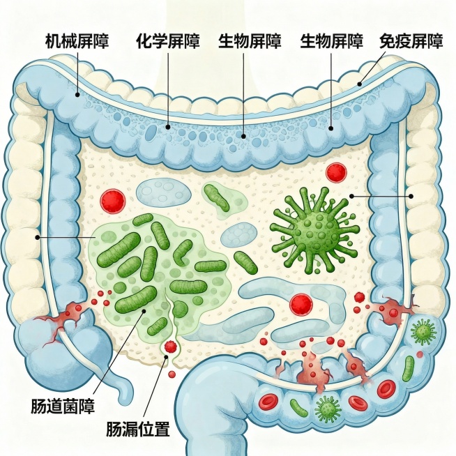 医学科普肠漏示意图，展示肠道屏障受损后，毒素和有害物质穿过肠壁进入血液的病理过程，结构清晰，科学准确，和原图保持一致的插画风格，标注清楚肠漏位置预览效果