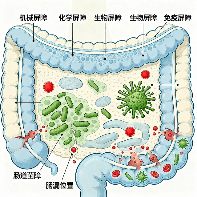 医学科普肠漏示意图，展示肠道屏障受损后，毒素和有害物质穿过肠壁进入血液的病理过程，结构清晰，科学准确，和原图保持一致的插画风格，标注清楚肠漏位置