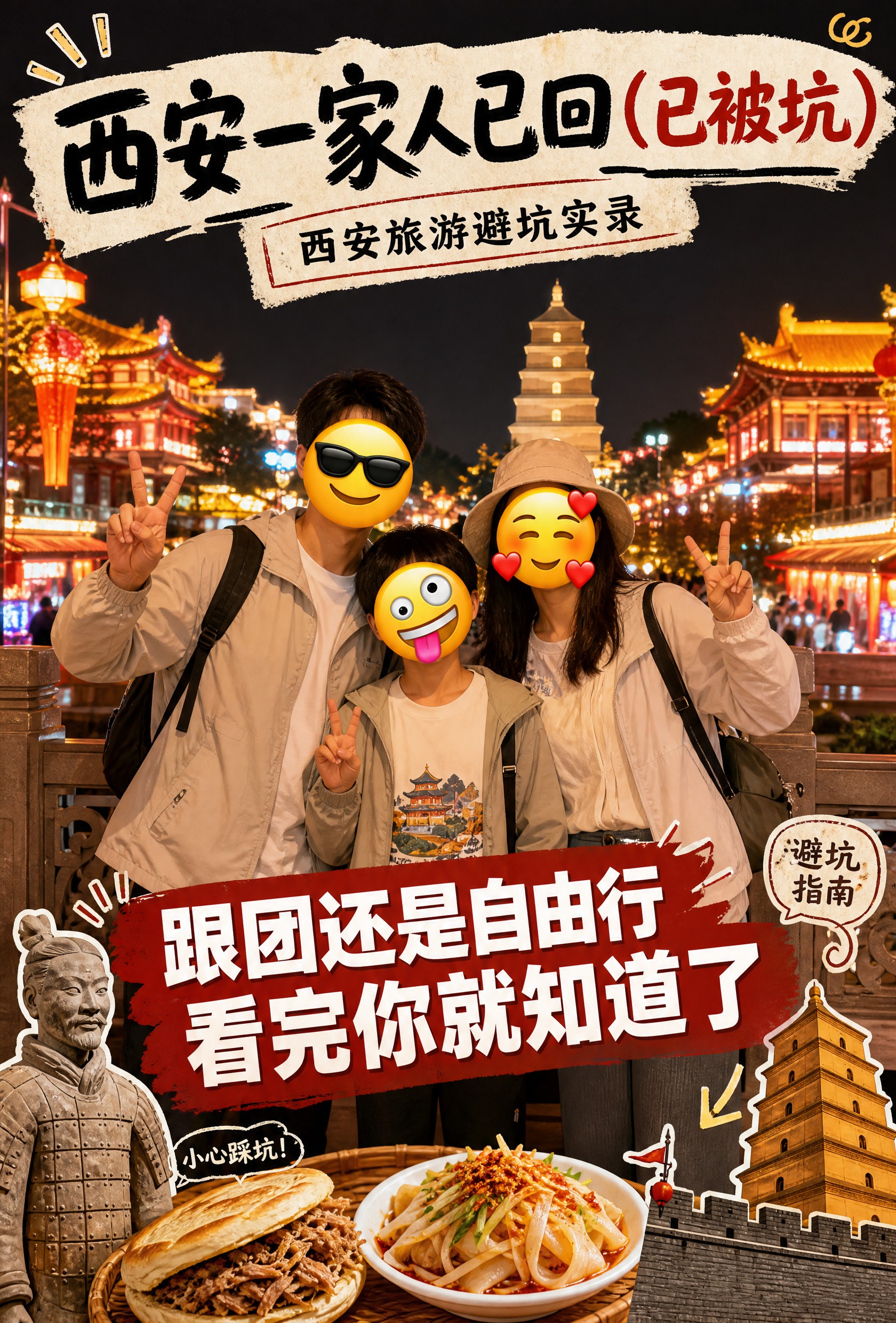 一张趣味吐槽风格的西安旅游全家福海报，竖版2:3构图，1680… - 图片创意预览