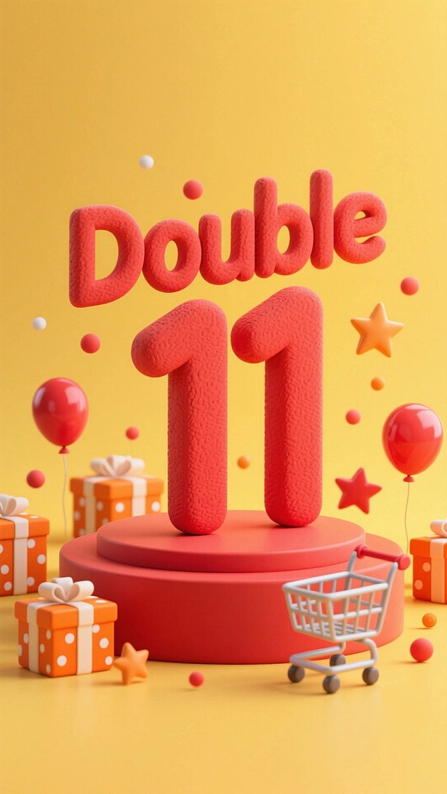 粘土风。黄色背景，画面中心是巨大的红色立体 “Double 11” 文字立在红色圆台上，周围环绕橙色带白点的礼物盒、购物车、红色气球，还有星星、小圆点等小装饰，整体布局紧凑
