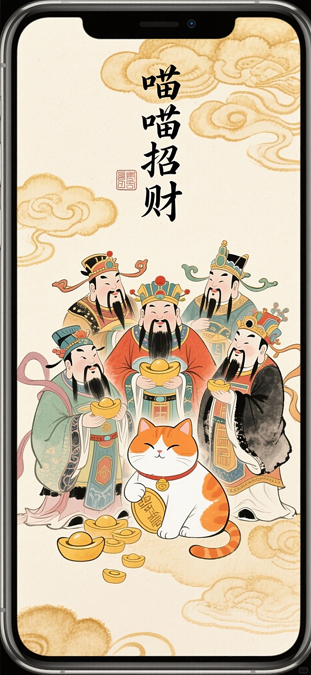 复古手绘风格五路财神与橘白招财猫手机壁纸，水墨笔触晕染，背景淡金祥云，含“喵喵招财”书法字体，雅致可爱