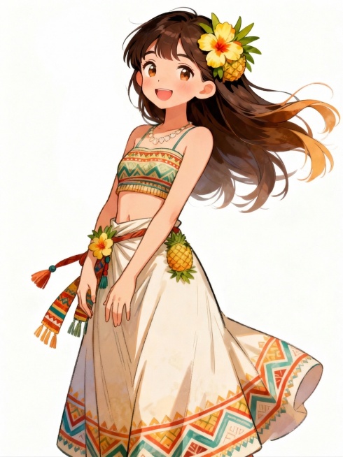 去掉女孩双手抱着的大菠萝，将女孩双手位置调低，保持原有插画风格、人物造型和整体搭配不变预览效果