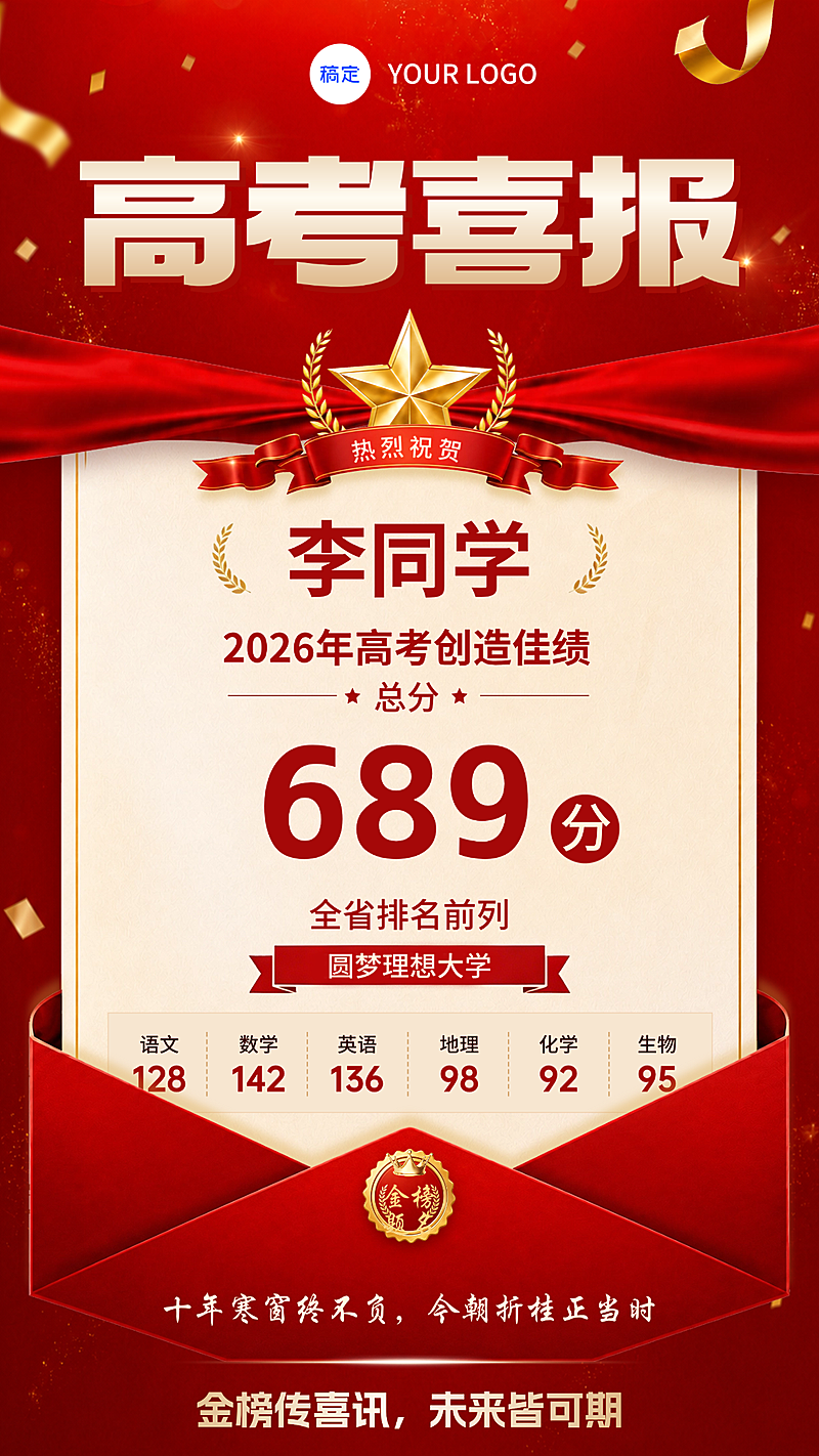 高考喜报喜庆红金配色竖版海报