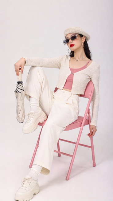 人物朝向右前方以放松且带有时尚感的姿态坐在粉色折叠椅上，椅子朝向正右方，右脚自然的踩在椅子边缘，右手臂自然的搭在膝盖上，左腿坐姿自然，左手拿着折起的晴雨伞悬于身前，整体姿态随性又有镜头感，既展现松弛感预览效果