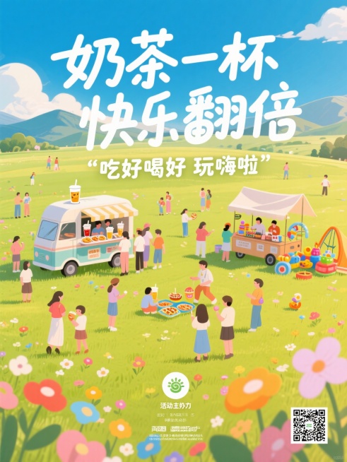 扁平插画风格，草地，丰富的画面细节，游玩的人，一个奶茶摊位，一个游戏摊位，一个小吃摊位。用潮流的花体字设计大标题“奶茶一杯 快乐翻倍”，副标题“吃好喝好 玩嗨啦“预览效果
