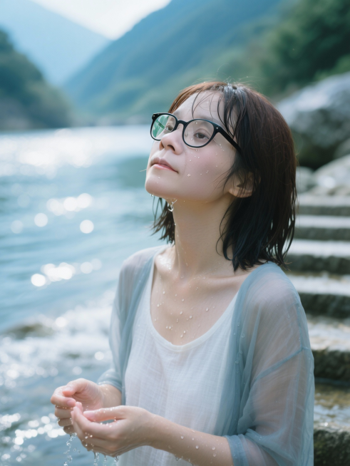 镜头缓缓推近，最终定格在一张年轻女子的近景特写上——画面从发际线至锁骨上方，背景虚化为一片流动的碧蓝与银白交织的光斑，如水波晃动的湖面。
她站在山间清晨的溪畔石阶上，刚用溪水洗过脸，双手还滴着水珠。天预览效果