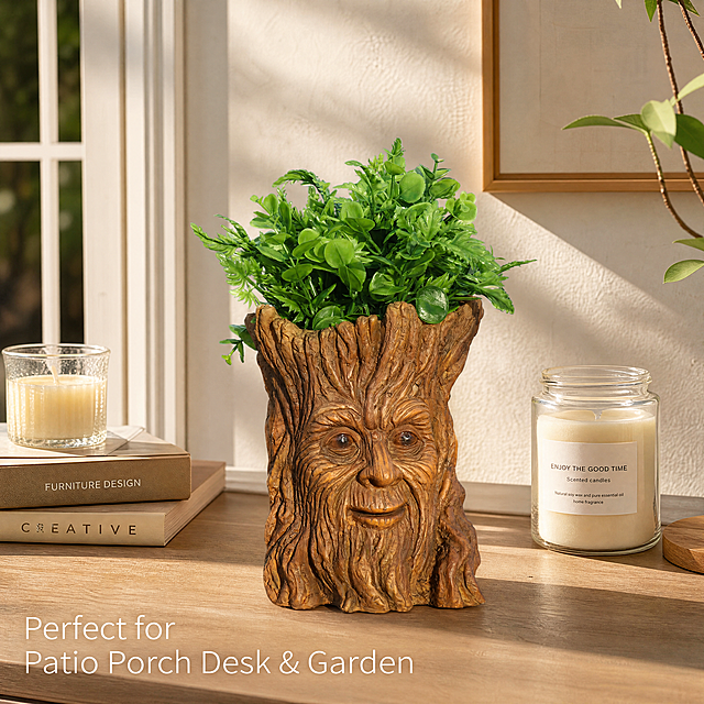 [Main Image 4] Multi-scene Adaptation Display Tree Stump Man Planter. Keep the appearance, physical structure, material texture and color of the Tree Stump Man Planter exactly the same as the input image, no distortion or color difference. Show the effect of the product placed on the entrance porch desktop, matched with simple home decoration, natural soft afternoon light, warm home life atmosphere. The product is placed in the center of the desktop, with a small amount of books and candles around as decoration, does not grab the spotlight. Product and space fusion natural, show that it can be used as both a flower pot and a sculpture decoration, enhance the space atmosphere. Commercial home photography texture, soft natural light, real and comfortable. Light: natural afternoon window light, warm tone, soft shadow. Color: main color wood brown,辅色 desktop light wood color, wall off-white. Viewpoint: front overlooking, moderate depth of field. Text layout: lower left corner text "Perfect for Patio Porch Desk & Garden", lower left alignment, light font, does not cover the product. 1:1 ratio, 4K resolution, ultra HD. Negative prompt: deformation, watermark, text clutter, blurry product picture, messy background.