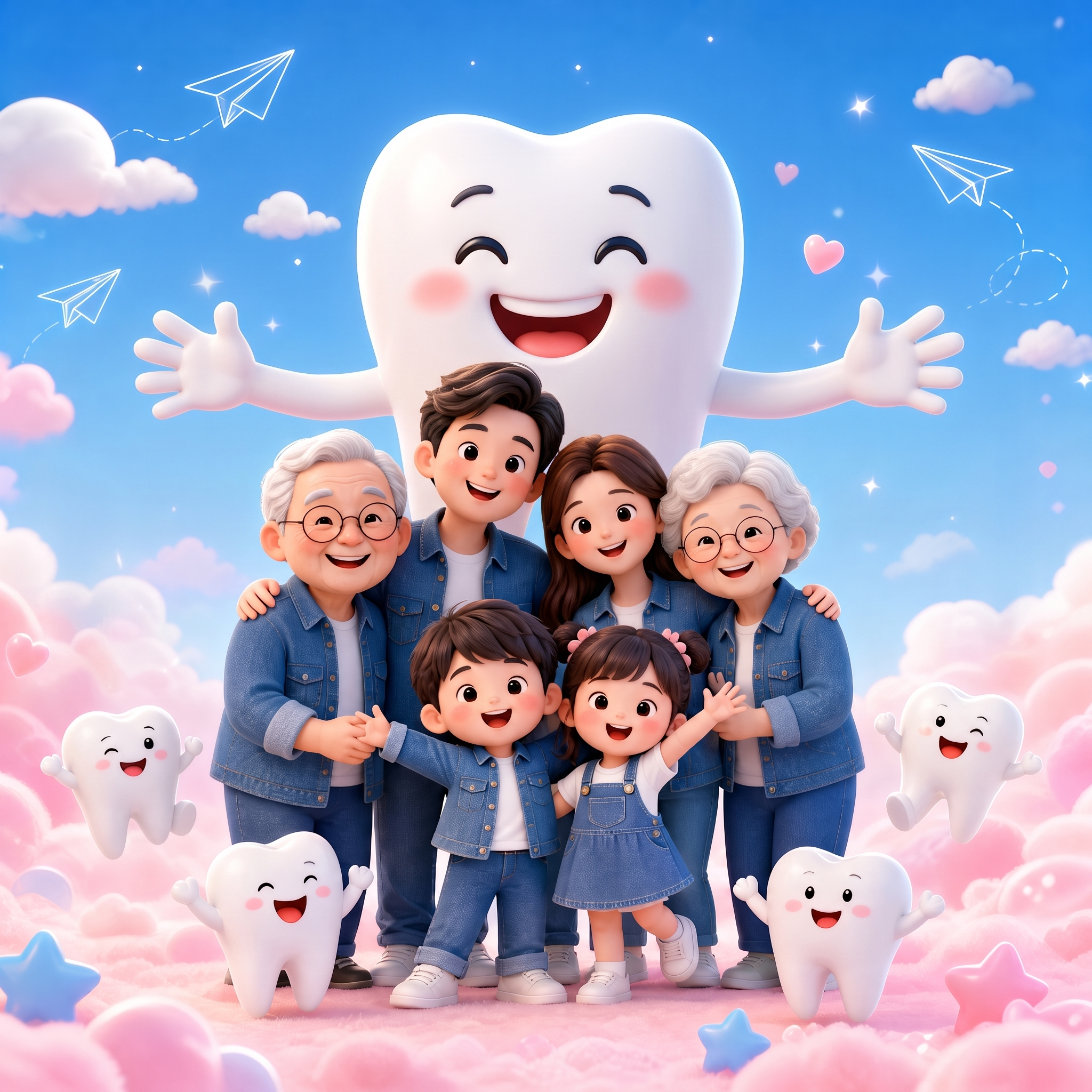 去掉白色光晕，去掉粉色地毯周围漂浮的粉色云锁，给拟人化牙齿医生… - 图片创意预览