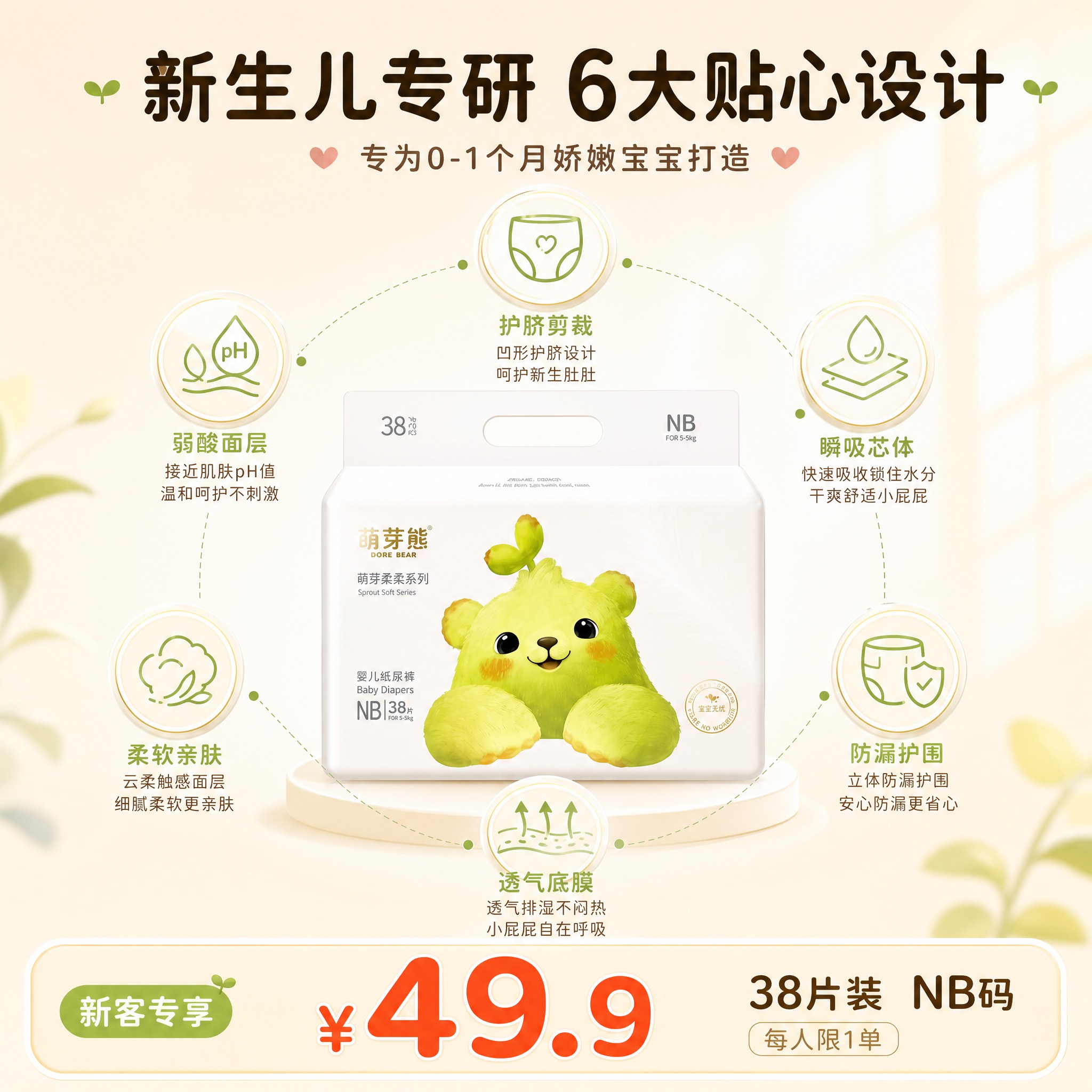 [主图-7差异化重绘] 萌芽熊柔柔系列纸尿裤NB码 新生儿专研… - 图片创意预览