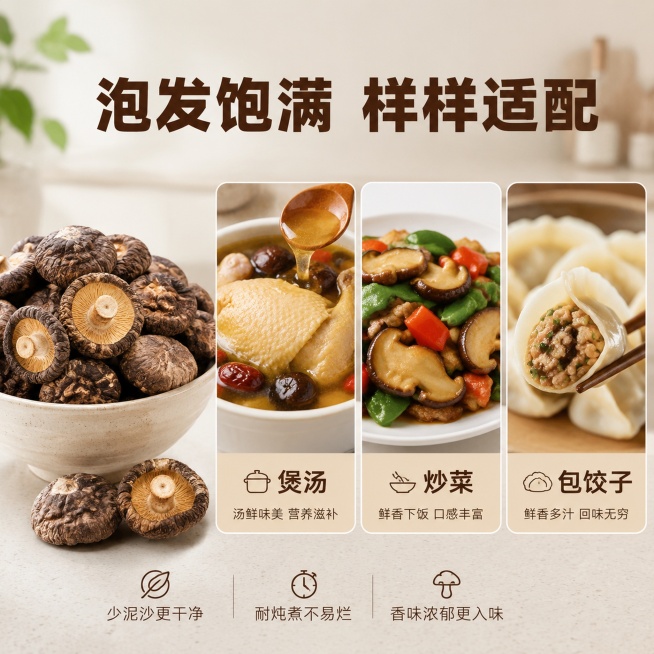 [主图-4] 庆元厚肉干食用场景展示，突出多用途适配，增强代入感。[氛围风格] 温馨居家食欲感，贴近日常烹饪。[画质] 商业摄影质感，光线柔和通透，产品清晰真实，画面干净高级。[元素] 画面分成三个小预览效果