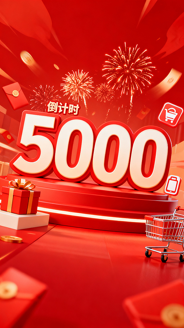 商品促销活动倒计时海报，显眼的大数字"5000"倒计时设计，电商大促风格，红色喜庆背景，搭配促销氛围元素，数字醒目突出