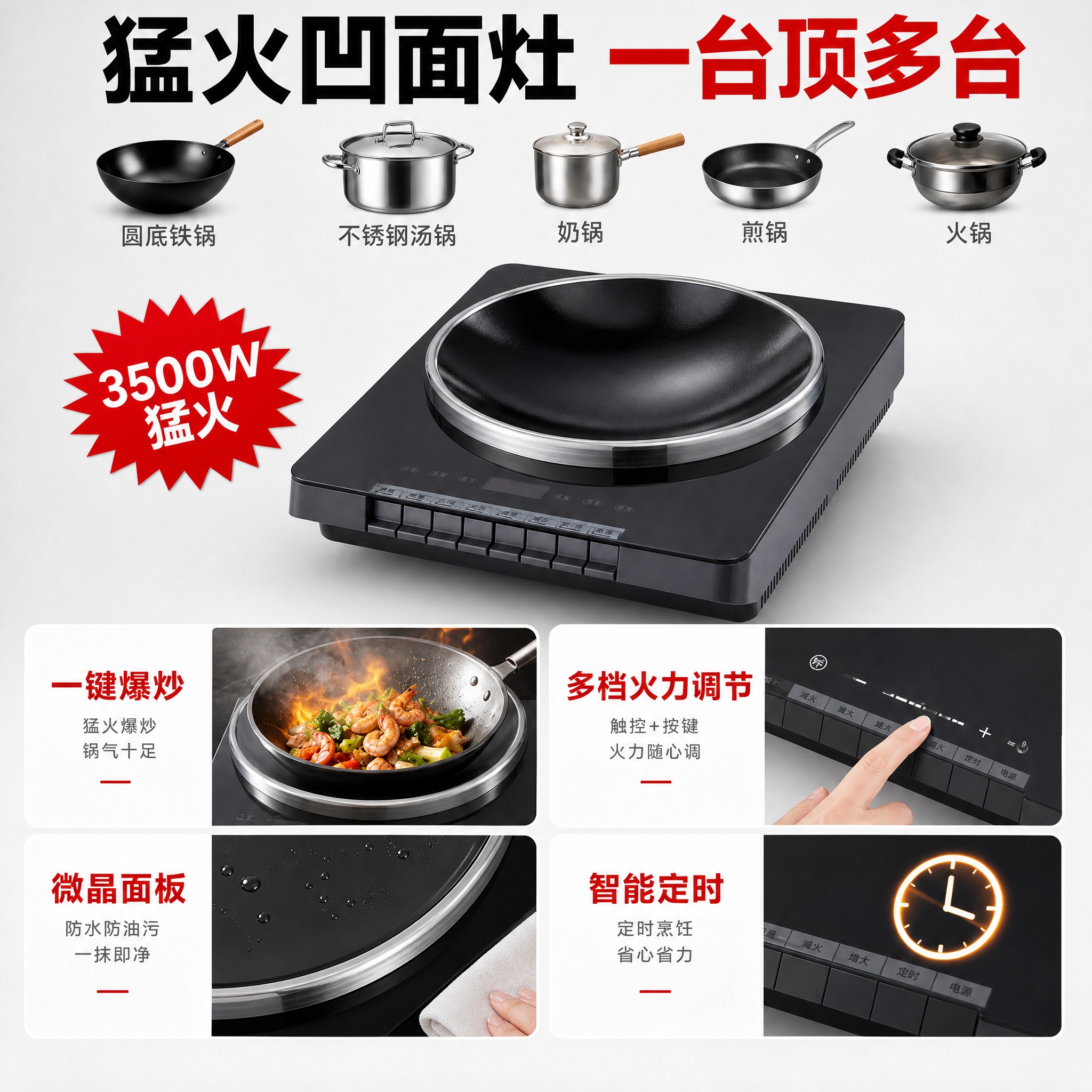 生成1张1:1方形电商详情图，复刻参考图的多锅具适配版式。 [… - 图片创意预览